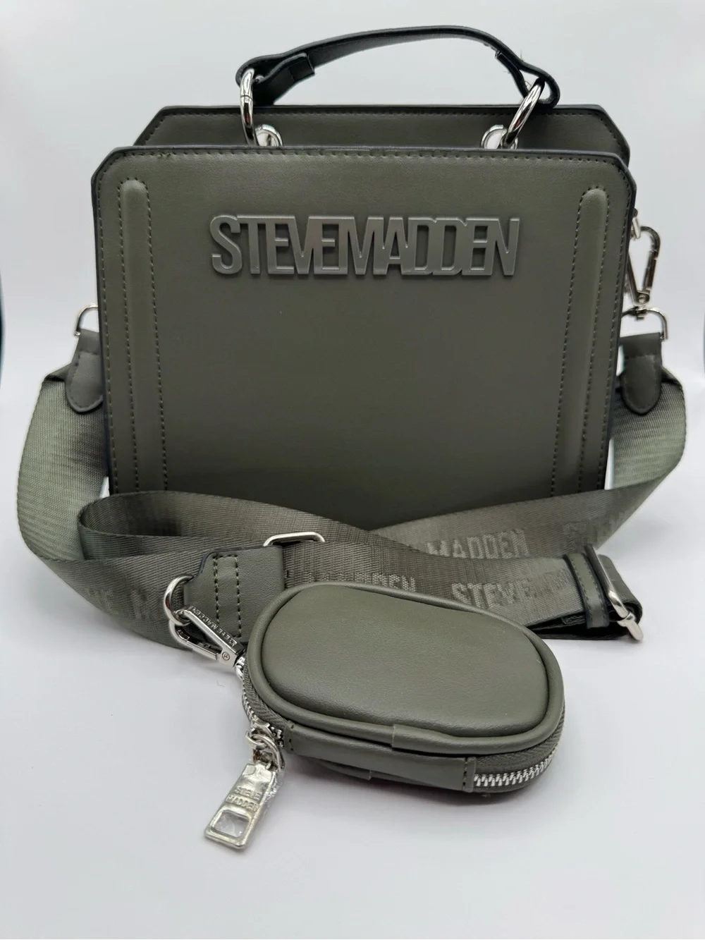Steve Madden Olive Green Structured Crossbody Logo Strap and removable zip pouch